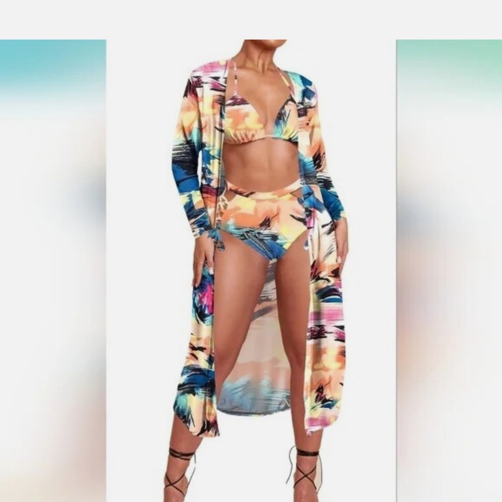 Women’s Peach Multi Tropical Print Bikini Set with Cover-Up